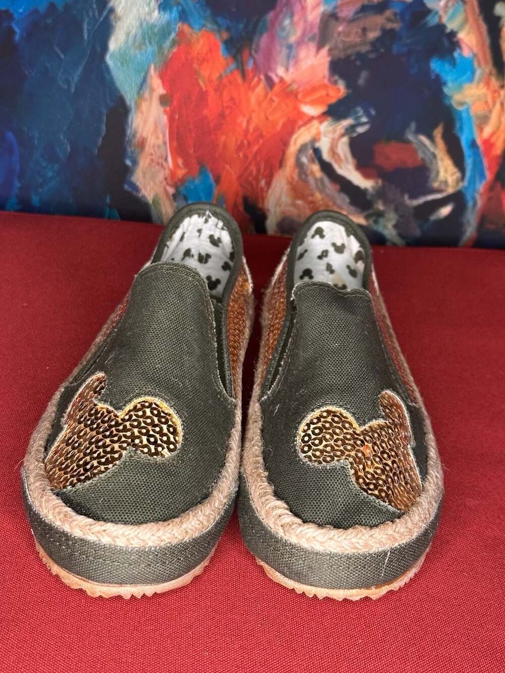 Disney Mickey Mouse Olive Green Sequin Canvas Espadrille Slip-On Shoes Size 6